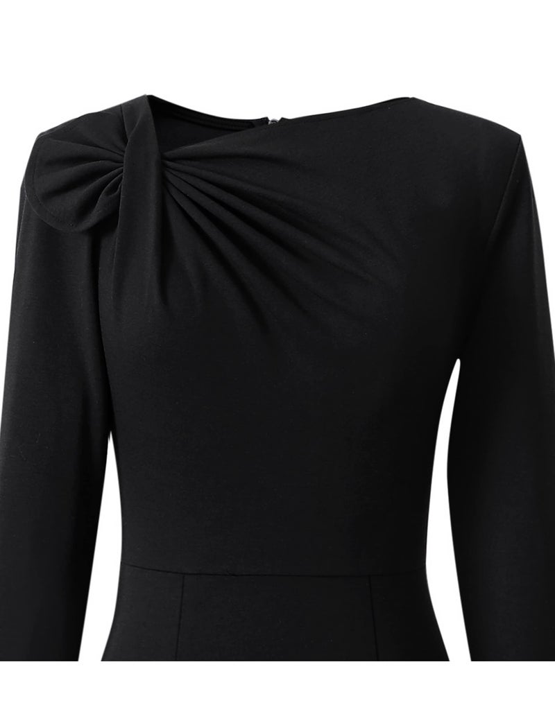 VFSHOW Womens Black Pleated Asymmetric Bow Neck Work Business Office Cocktail Party Bodycon Pencil Sheath Dress 3813 BLK S - Image 5